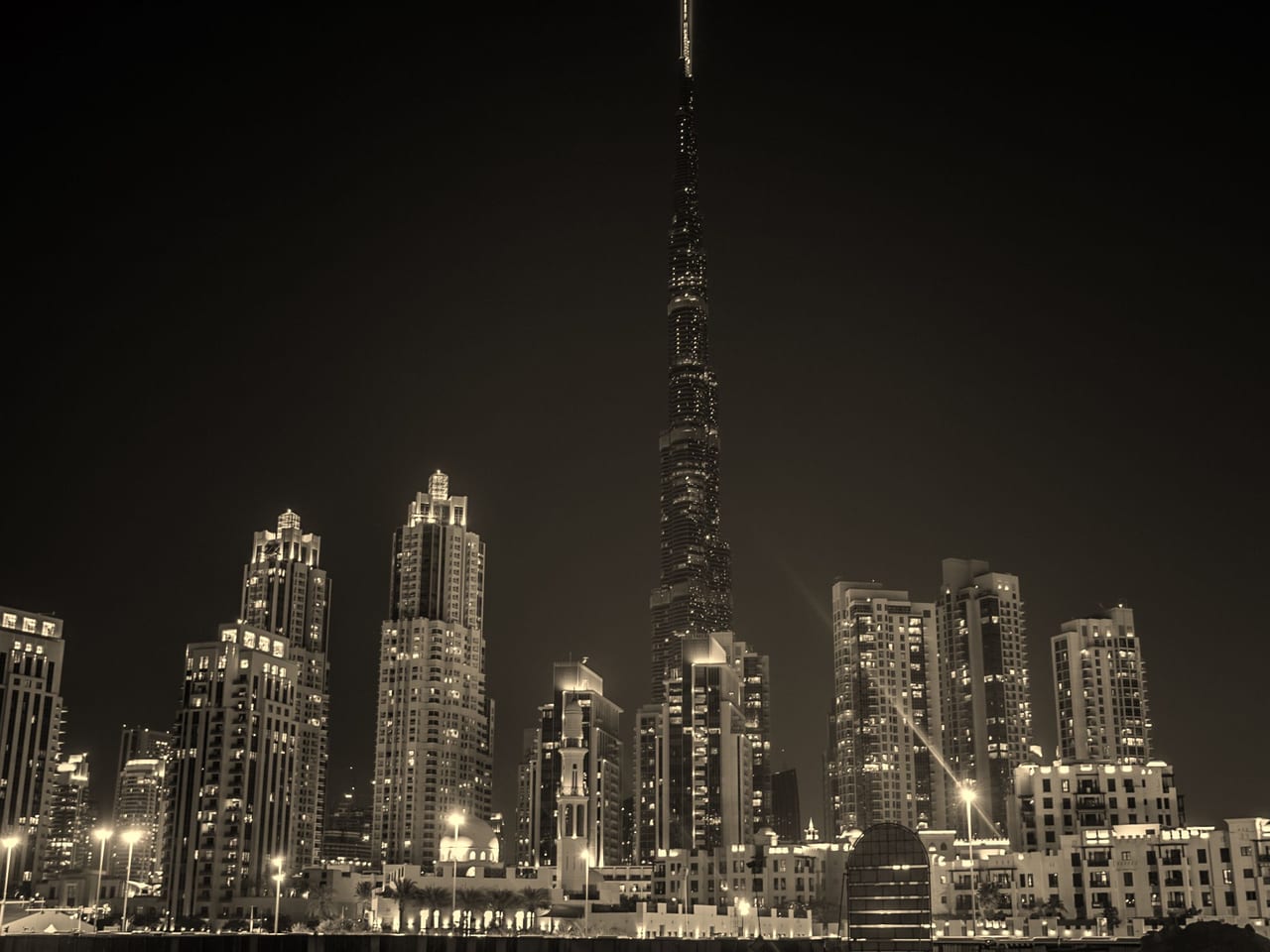 Night skyline in Dubai with the Burj Khalifa